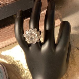 Silver tone cocktail ring clear stone with rhinestones around fits 5-5.25